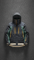 Urban technical shell jacket, Three-quarter angle product shots on neutral textured backdrops (concrete slab or asphalt),...
