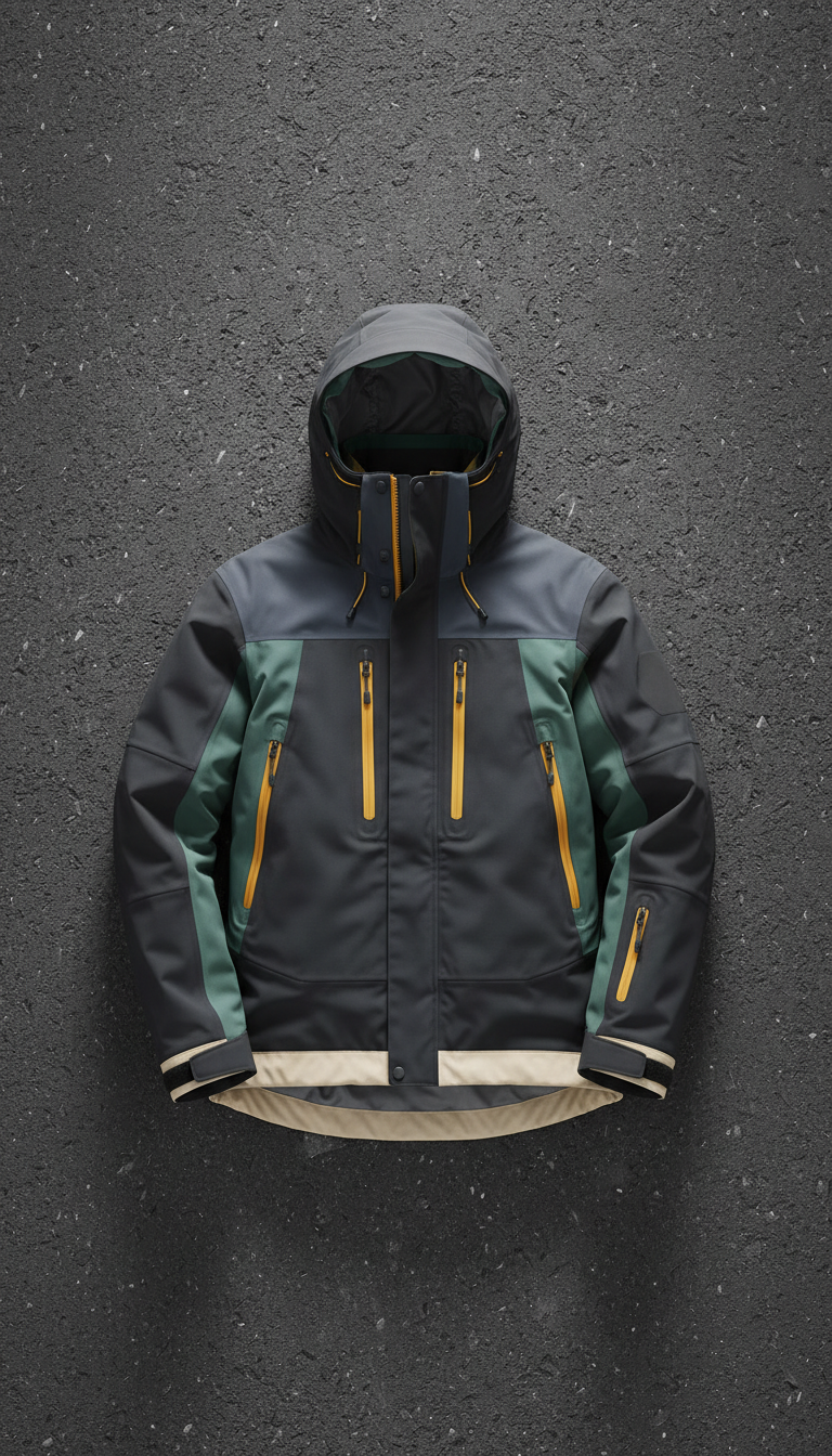 Urban technical shell jacket, Three-quarter angle product shots on neutral textured backdrops (concrete slab or asphalt),...