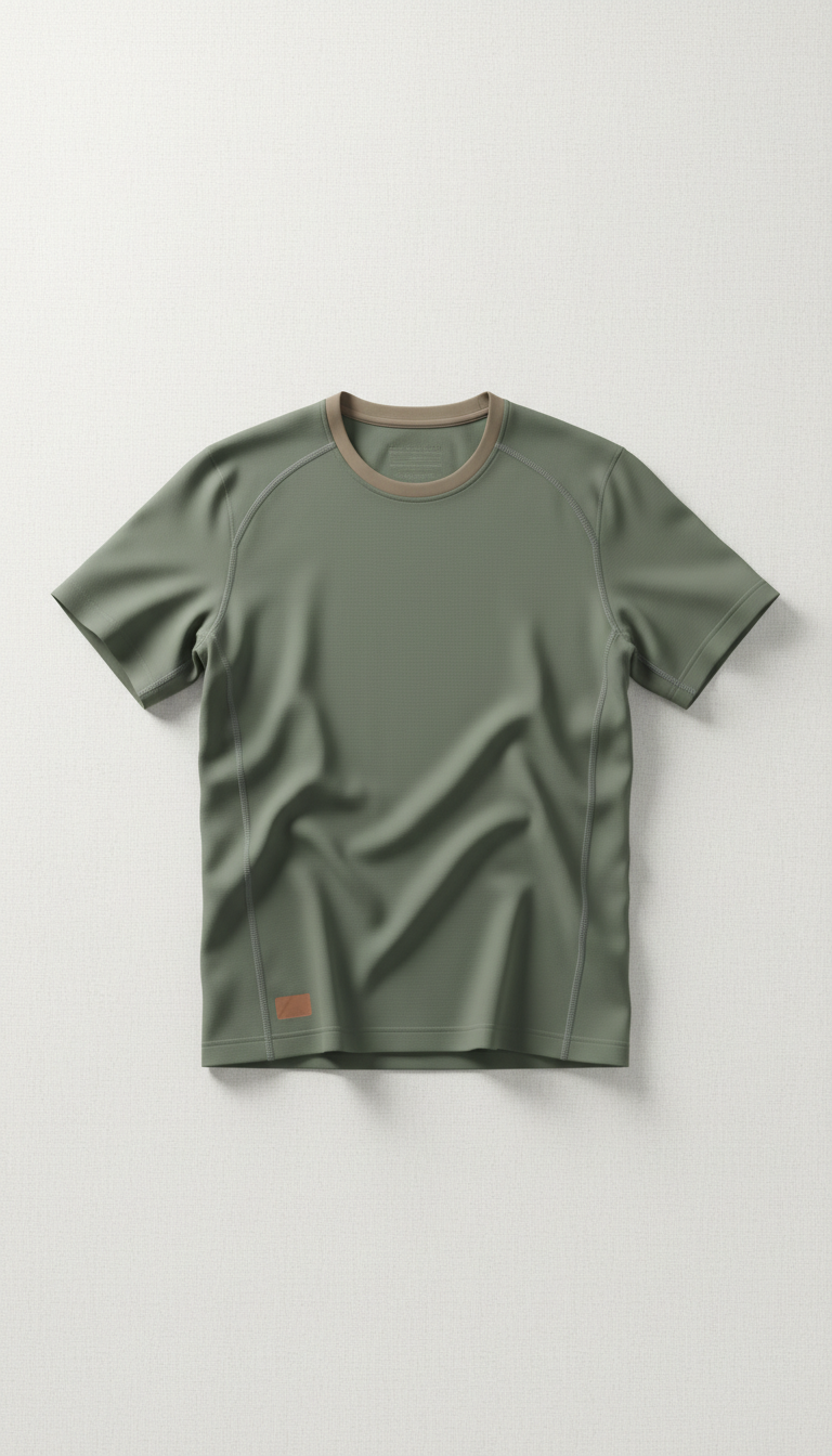 Performance technical tee, Default arrangement is 3/4 angle on apparel laid flat or gently draped over curved surfaces for...