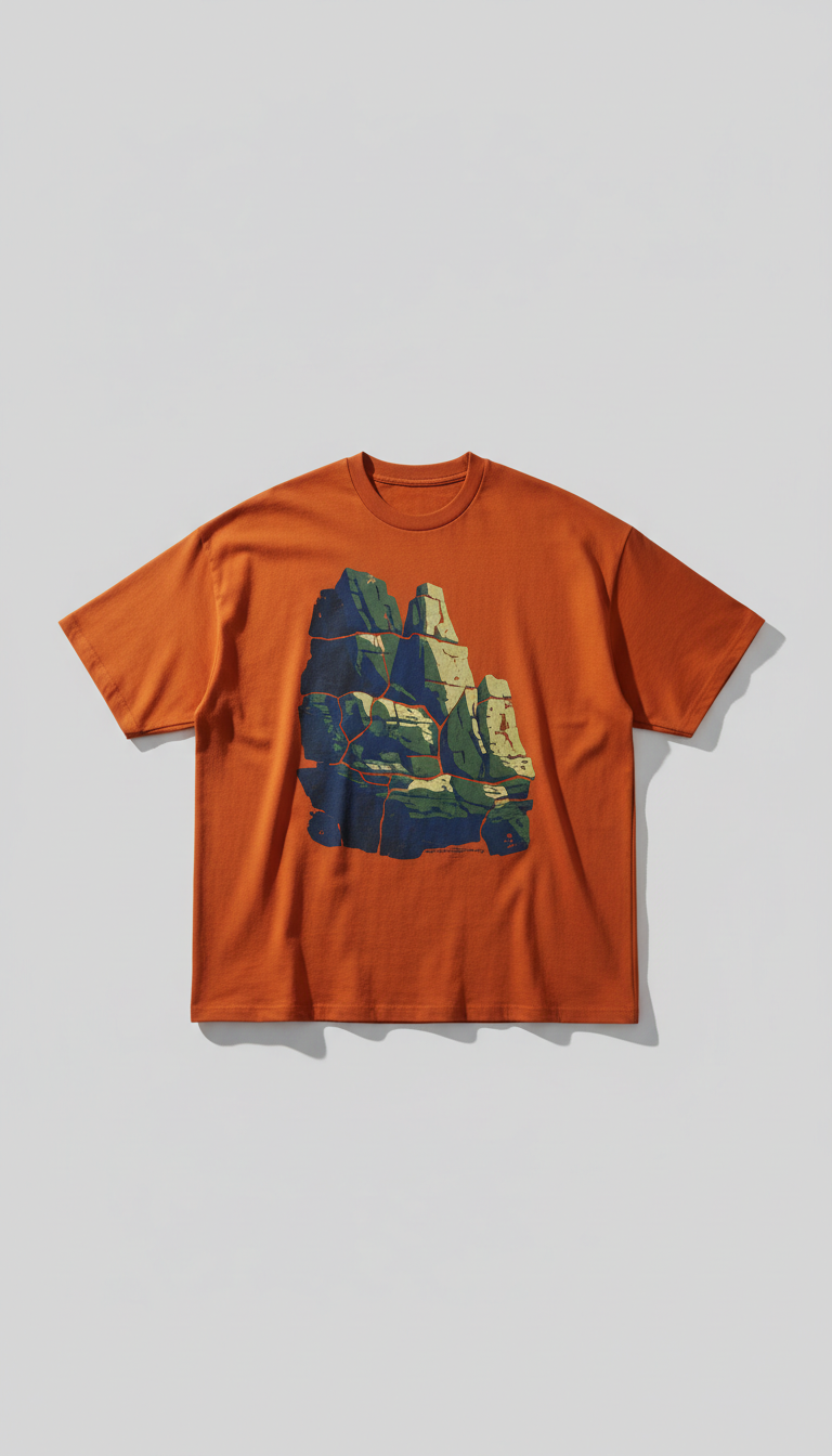 A dark orange oversized t-shirt displayed on a clean, perfectly centered with soft, even illumination. The shirt's bold...