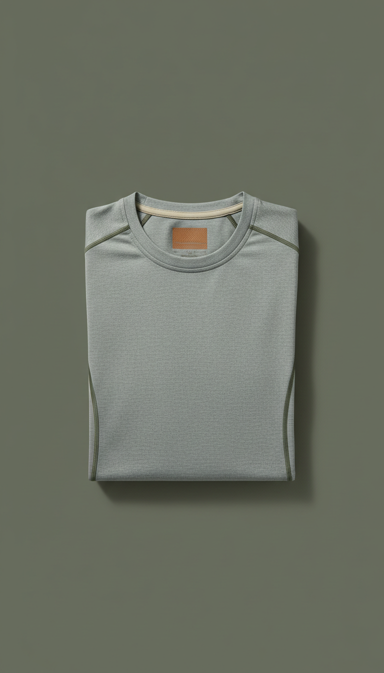 Men's technical performance t-shirt, Default angle: straight-on macro 3/4 or orthogonal flat lay focusing tightly on one...