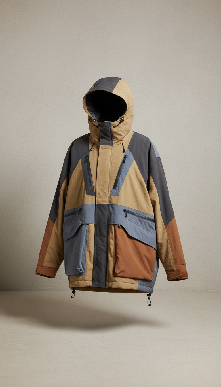 Oversized technical nylon jacket, Three-quarter angle as default—captures garment structure, layering, and fabric quality...