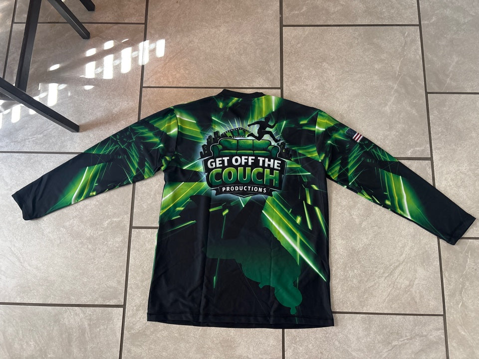 Get Off The Couch Productions long sleeve jersey in green - back