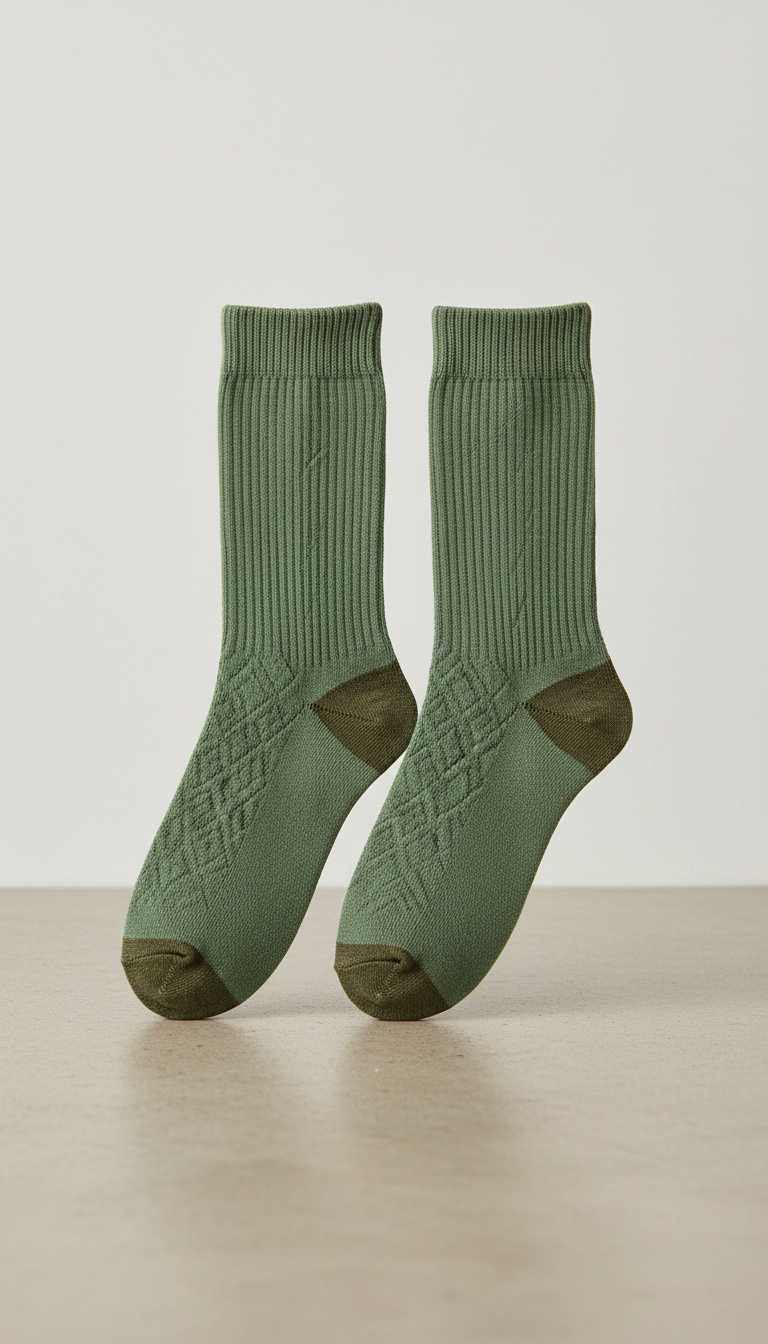 A pair of Leaf Green cotton socks centered on a simple, textured neutral surface. The background is clean and minimal,...