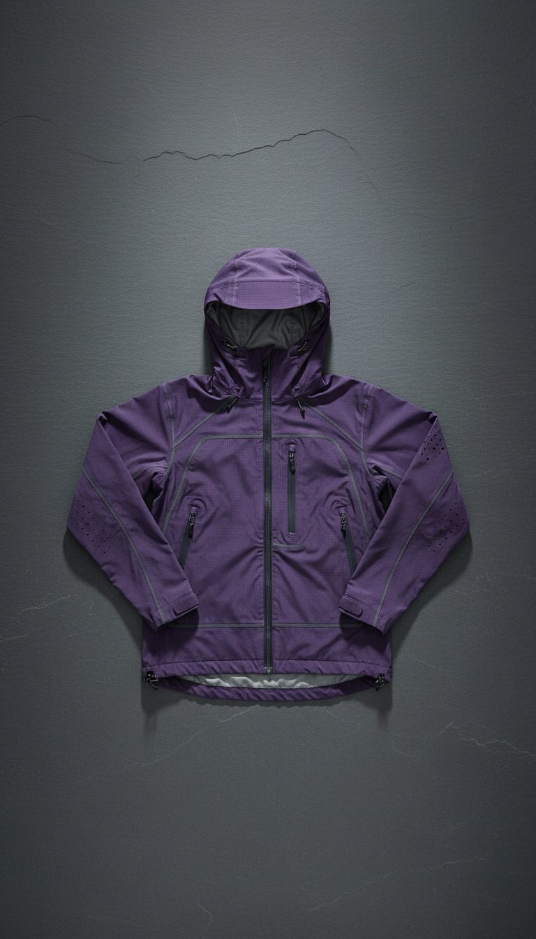 Photograph a lightweight jacket on a clean, urban slate backdrop. The jacket is perfectly centered, with soft, shadowless...