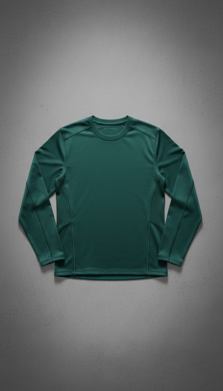 A moisture-wicking athletic top in Teal Green, set against a plain Urban Slate backdrop. The top is centrally positioned,...