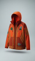 Orange Red streetwear jacket, For product shots, focus on a 3/4 angle to capture the clothing's form and fit effectively....