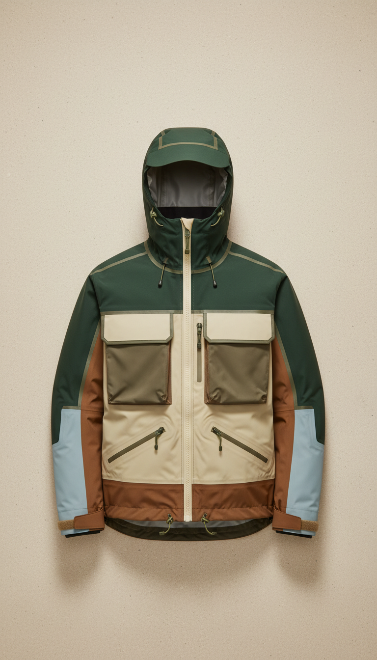Technical waterproof wading jacket, Default angle is 3/4 view—showing both form and technical detail (e.g., reel seat...