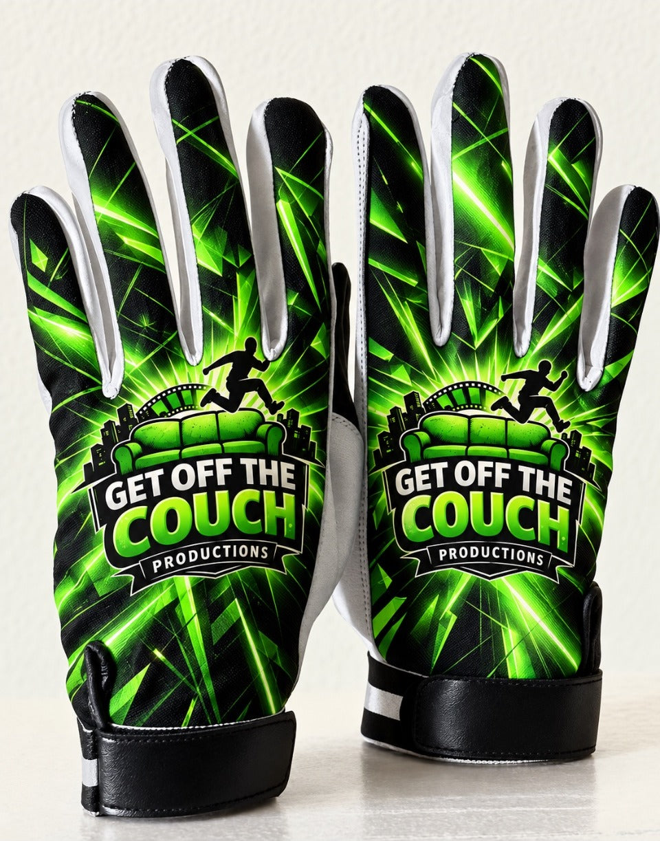 Get Off The Couch Productions gloves with green logo design