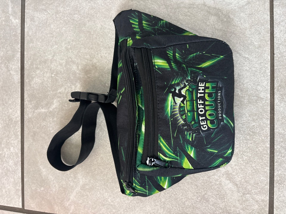 Get Off The Couch Productions fanny pack — side view showing pocket zips and logo panel