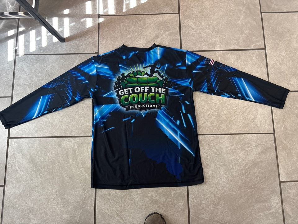 Get Off The Couch Productions long sleeve jersey in blue - back