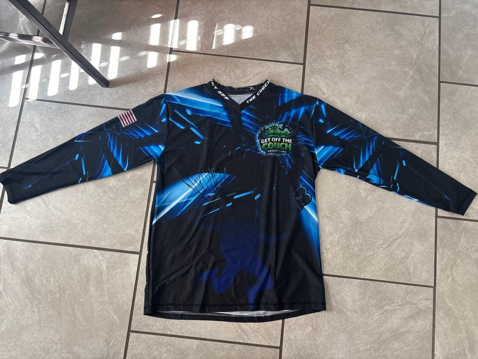 Get Off The Couch Productions long sleeve jersey in blue - front
